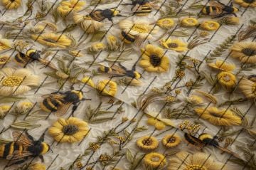 3D Renkli Örgü Papatyalar Arasında Arı Desenli Çok Amaçlı Dekoratif Tasarım Dijital Baskı Kumaş