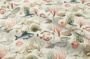 Vintage Deniz Canlıları ve Mercan Desenli Dekoratif Kumaş
