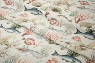 Vintage Deniz Canlıları ve Mercan Desenli Dekoratif Kumaş
