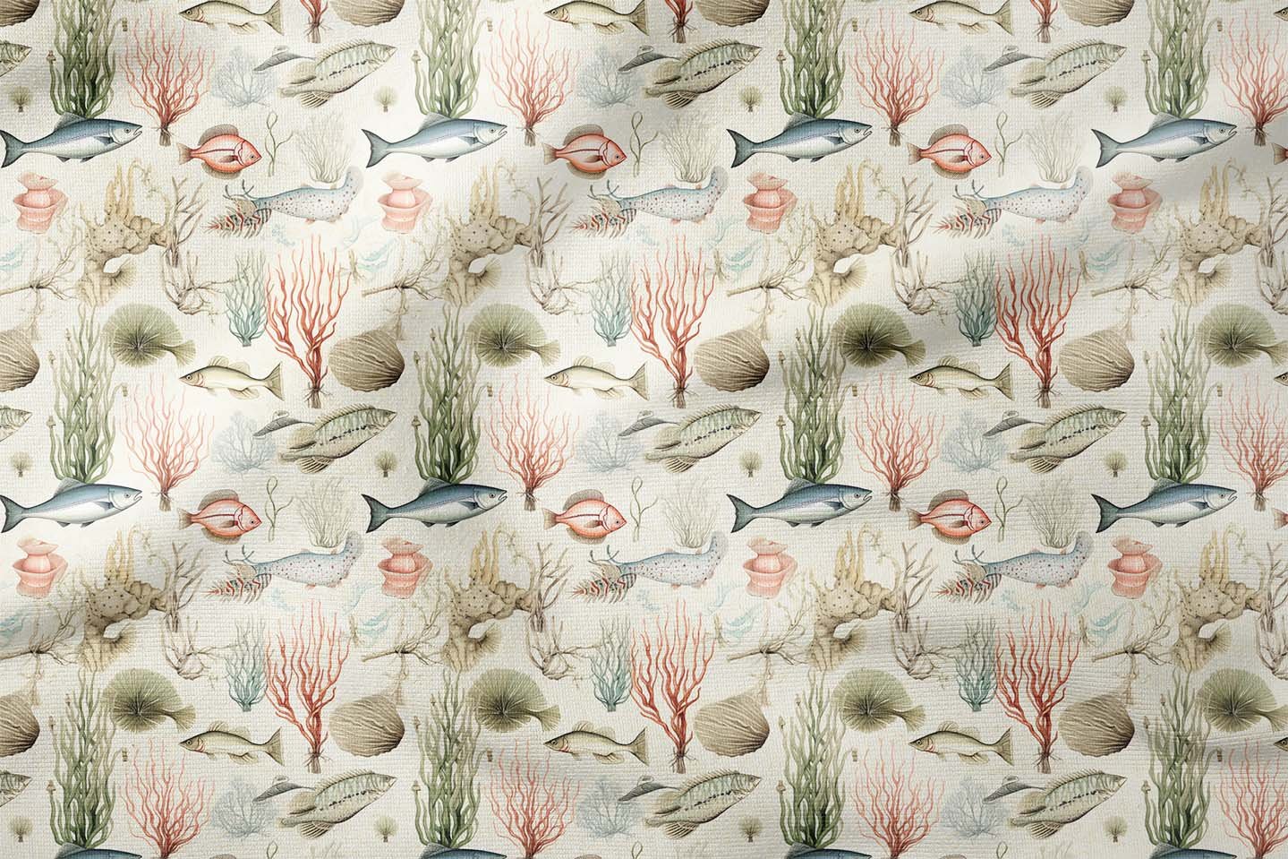 Vintage Deniz Canlıları ve Mercan Desenli Dekoratif Kumaş