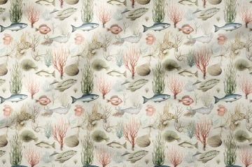 Vintage Deniz Canlıları ve Mercan Desenli Dekoratif Kumaş