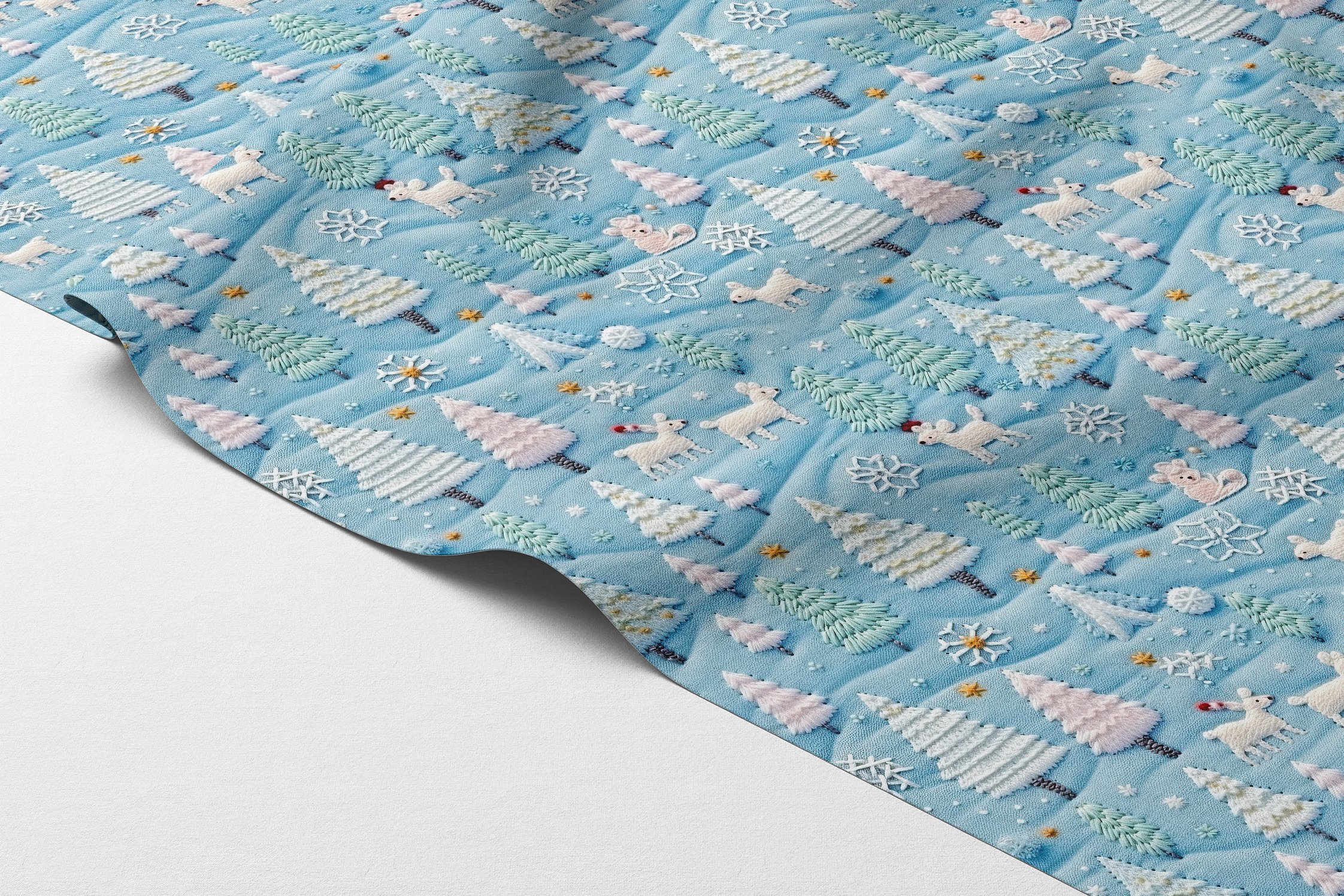 Yılbaşı Koleksiyonu- Nakış Efektli Çam Ağaçları Orman Evleri Kardan Adamlar Çok Amaçlı Dekoratif Dijital Baskı Kumaş