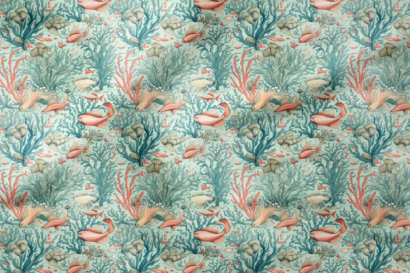 Summer Collection Blue Seaweed Fish Underwater Multi-Purpose Decorative Digital Print Fabric