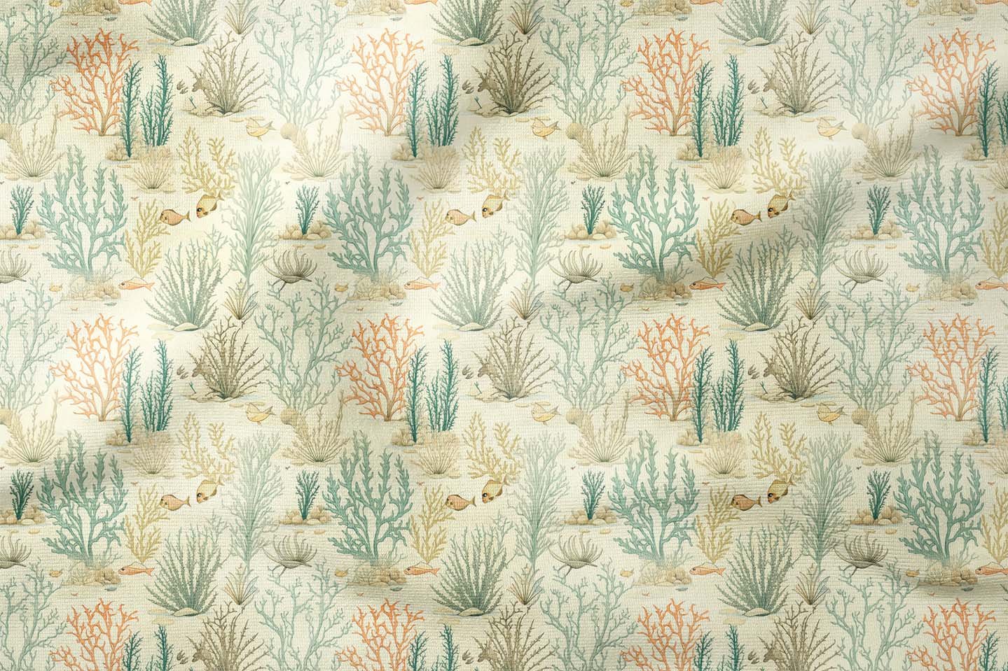 Vintage Mercan Desenli Deniz Temalı Dekoratif Kumaş