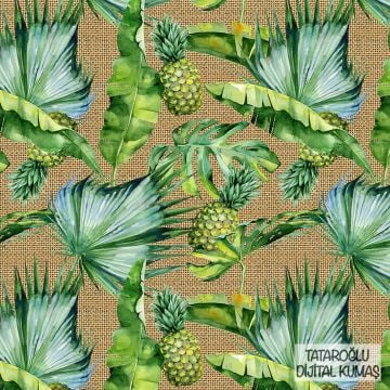 Jüt Görünümlü Zemin Üzerine Ananas Yaprak Desenli Kumaş(SONBAHAR İNDİRİMİ)
