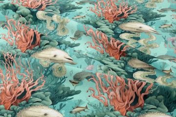 Mercan ve Deniz Canlıları Desenli Premium Dekoratif Kumaş