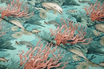 Mercan ve Deniz Canlıları Desenli Premium Dekoratif Kumaş