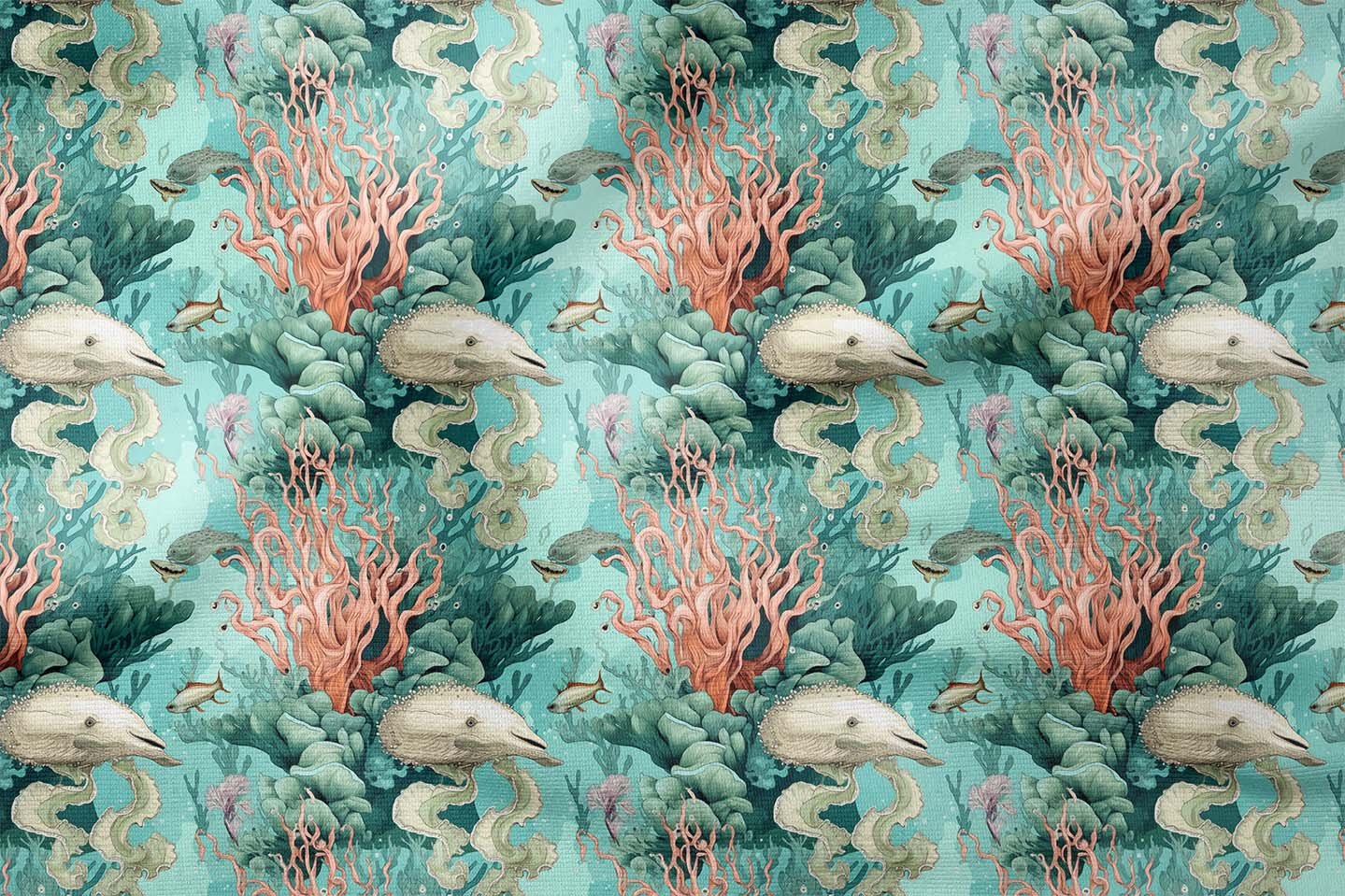 Mercan ve Deniz Canlıları Desenli Premium Dekoratif Kumaş