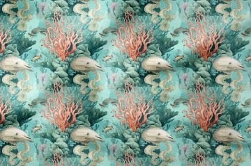 Mercan ve Deniz Canlıları Desenli Premium Dekoratif Kumaş