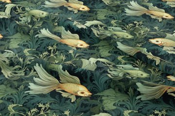 Vintage Balık ve Bitki Desenli Deniz Temalı Dekoratif Kumaş