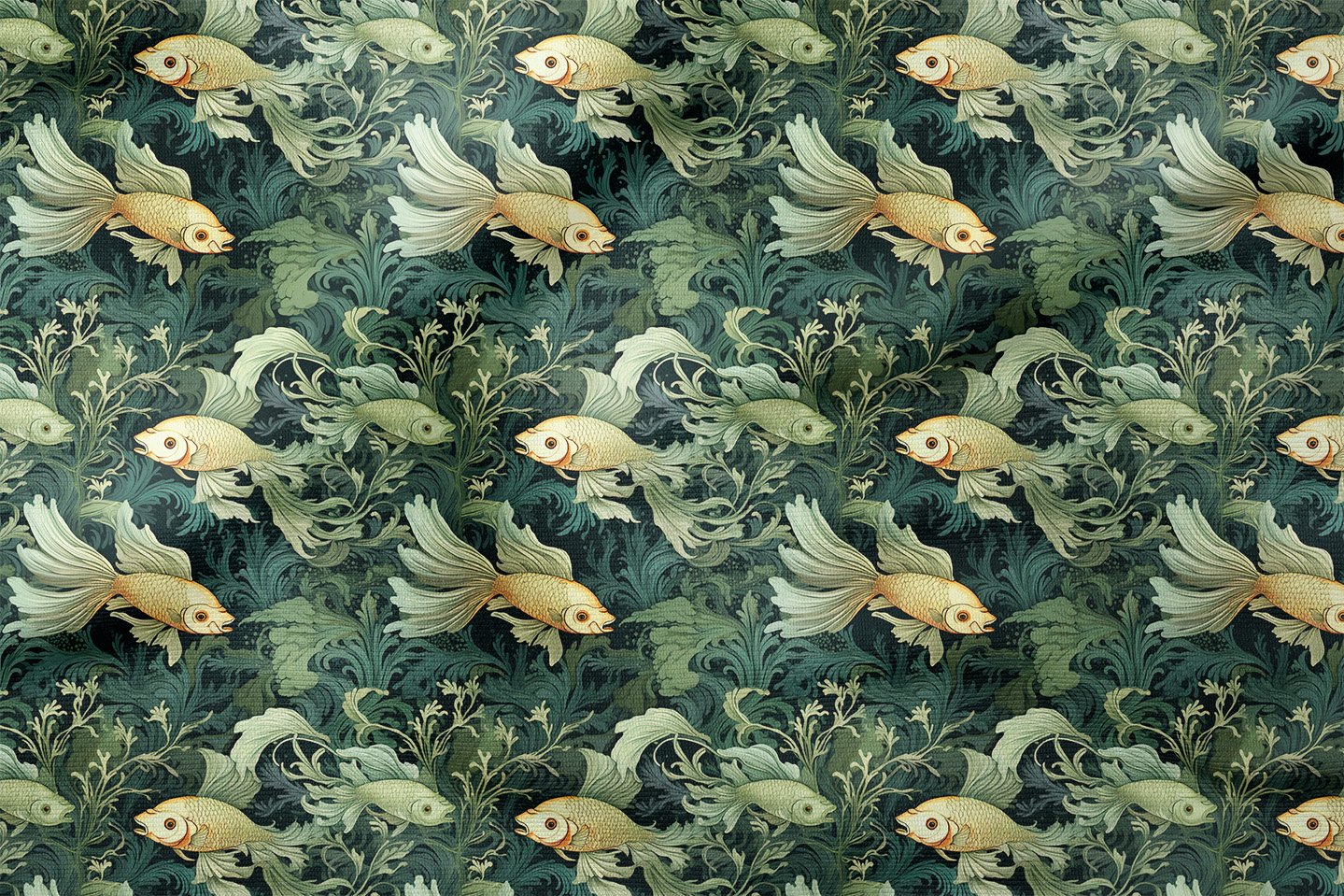 Vintage Balık ve Bitki Desenli Deniz Temalı Dekoratif Kumaş