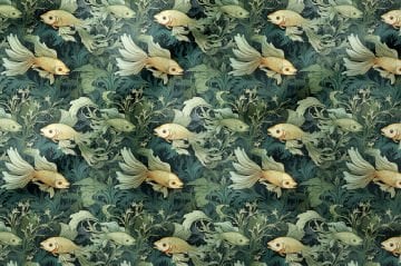 Vintage Balık ve Bitki Desenli Deniz Temalı Dekoratif Kumaş