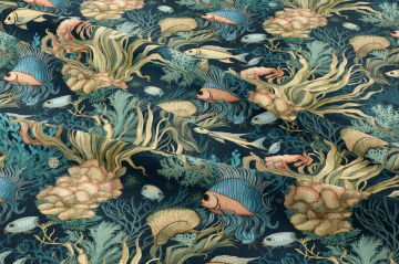 Vintage Deniz Bahçesi Mercan ve Balık Dekoratif Kumaş