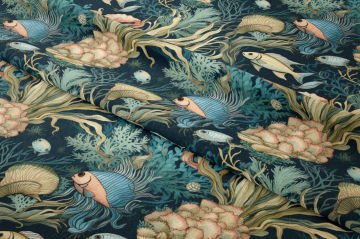 Vintage Deniz Bahçesi Mercan ve Balık Dekoratif Kumaş
