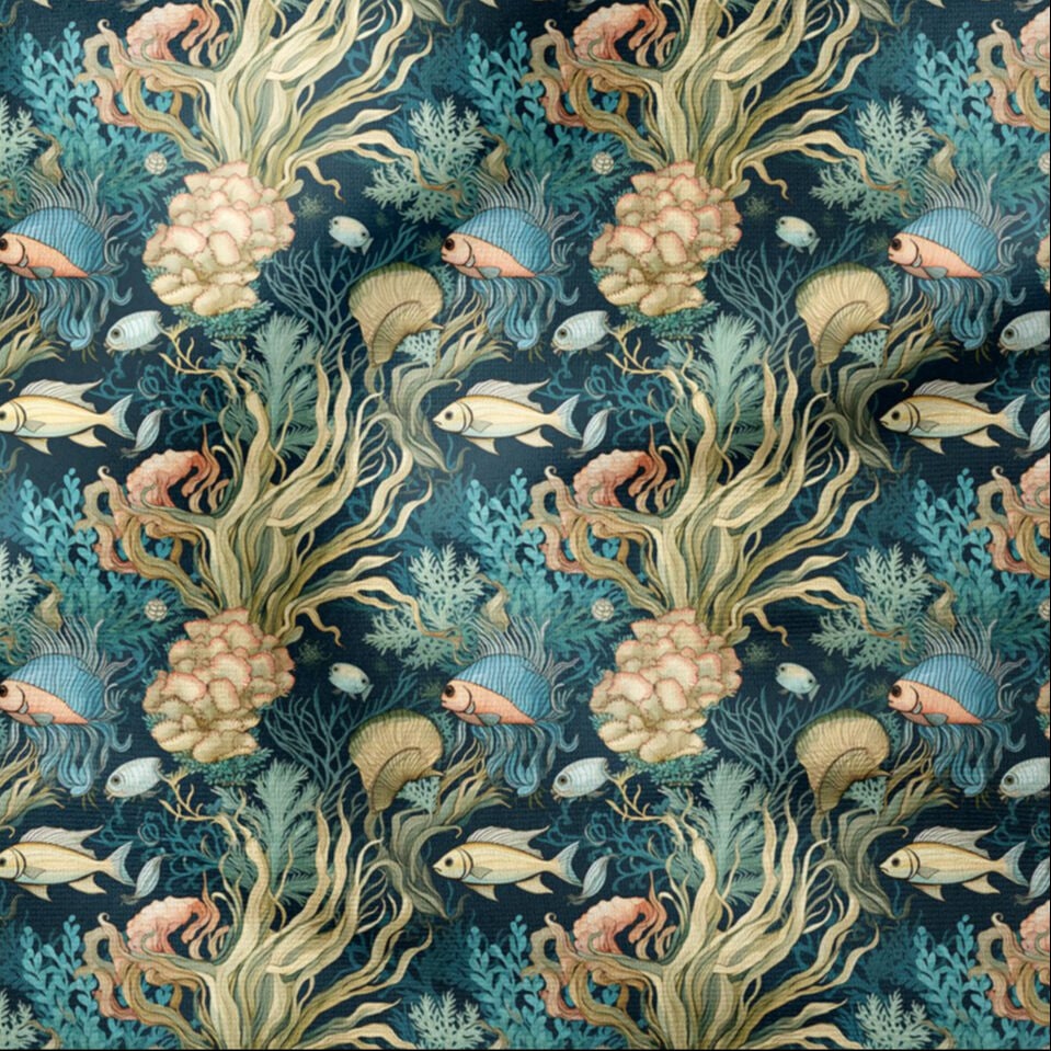 Vintage Deniz Bahçesi Mercan ve Balık Dekoratif Kumaş
