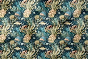 Vintage Deniz Bahçesi Mercan ve Balık Dekoratif Kumaş