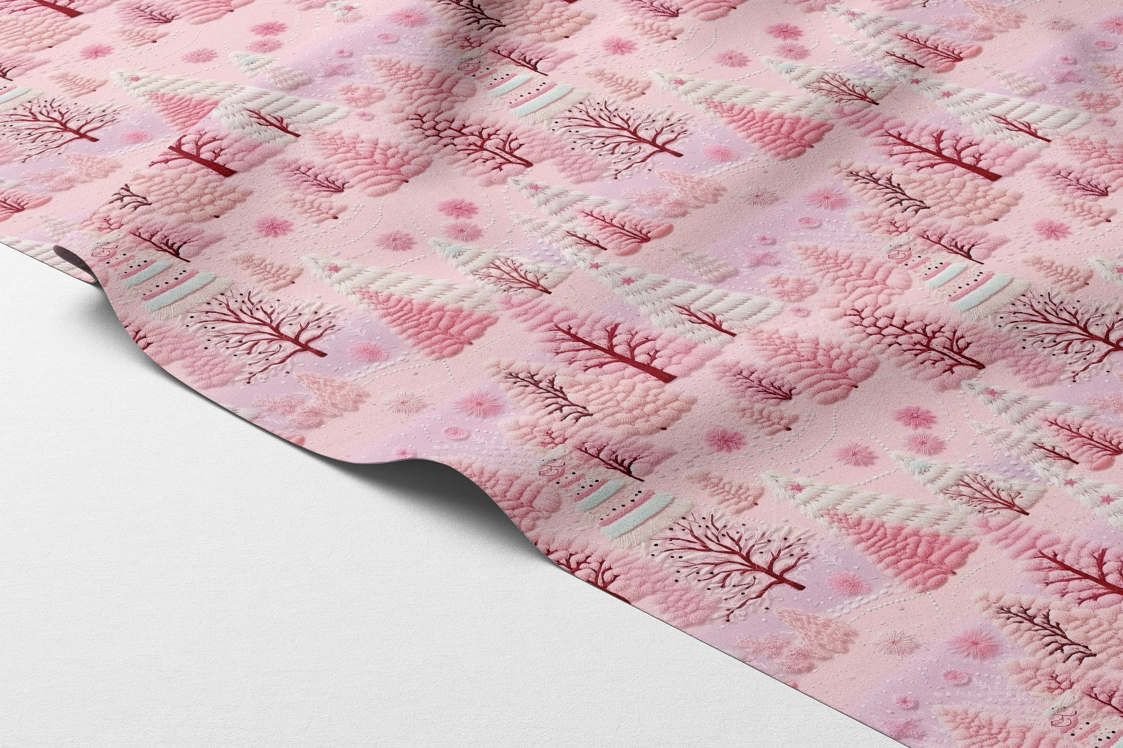 Yılbaşı Koleksiyonu- Yılbaşı Pembe Çam Ağaçları Çok Amaçlı Dekoratif Dijital Baskı Kumaş