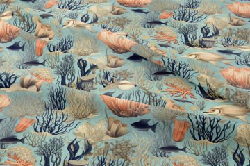 Açık Ton Deniz Temalı Mercan ve Balık Dekoratif Kumaş