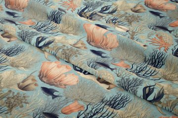 Açık Ton Deniz Temalı Mercan ve Balık Dekoratif Kumaş