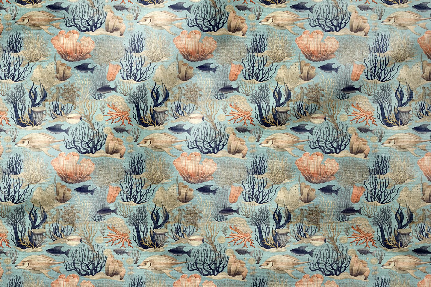 Açık Ton Deniz Temalı Mercan ve Balık Dekoratif Kumaş