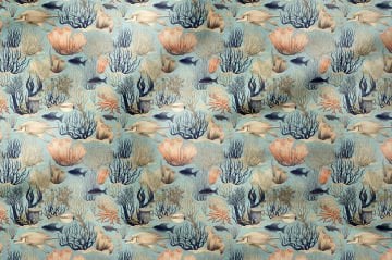 Açık Ton Deniz Temalı Mercan ve Balık Dekoratif Kumaş