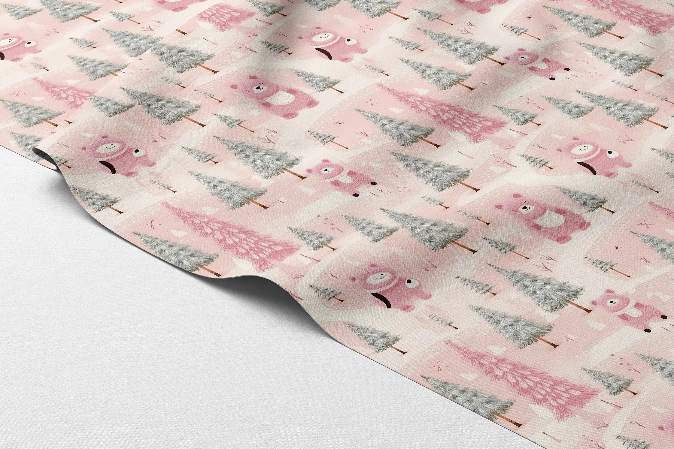 Yılbaşı Koleksiyonu- Yılbaşı Pembe Yeşil Çam Ağaçları Çok Amaçlı Dekoratif Dijital Baskı Kumaş