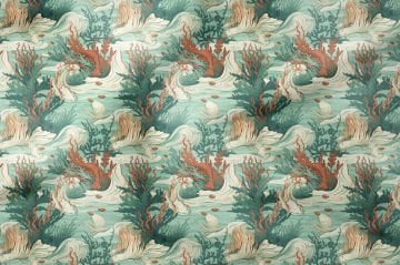 Sanatsal Dalga ve Mercan Desenli Deniz Temalı Kumaş