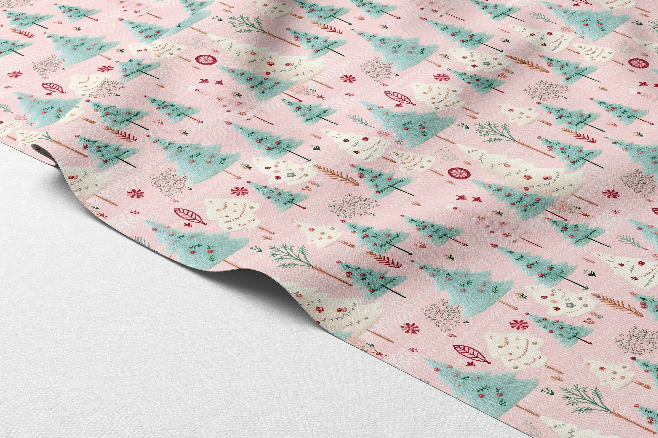 Yılbaşı Koleksiyonu- Yılbaşı Yeşil Çam Ağaçları Çok Amaçlı Dekoratif Dijital Baskı Kumaş