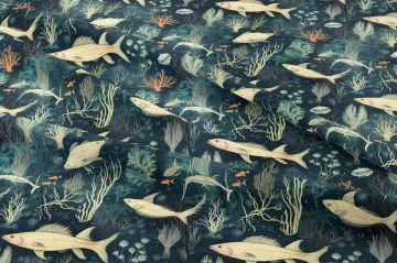 Gece Tonlu Deniz Temalı Balık ve Mercan Dekoratif Kumaş