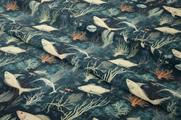 Gece Tonlu Deniz Temalı Balık ve Mercan Dekoratif Kumaş