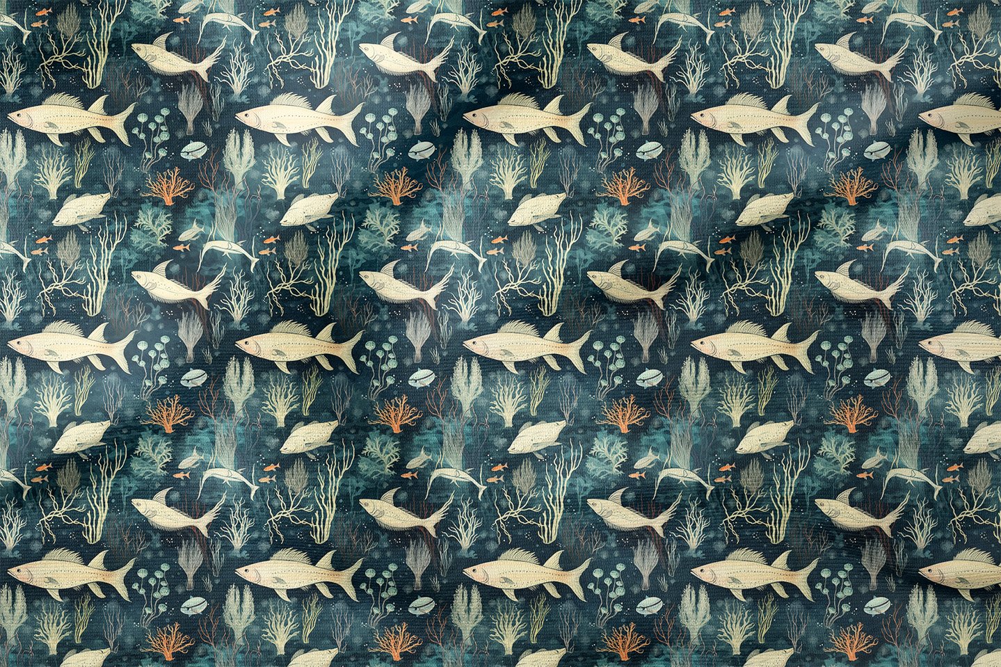 Gece Tonlu Deniz Temalı Balık ve Mercan Dekoratif Kumaş