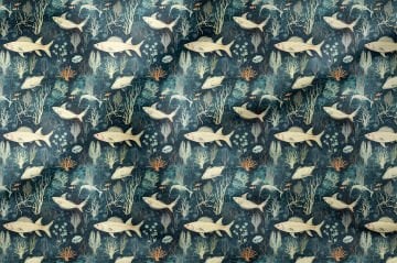 Gece Tonlu Deniz Temalı Balık ve Mercan Dekoratif Kumaş