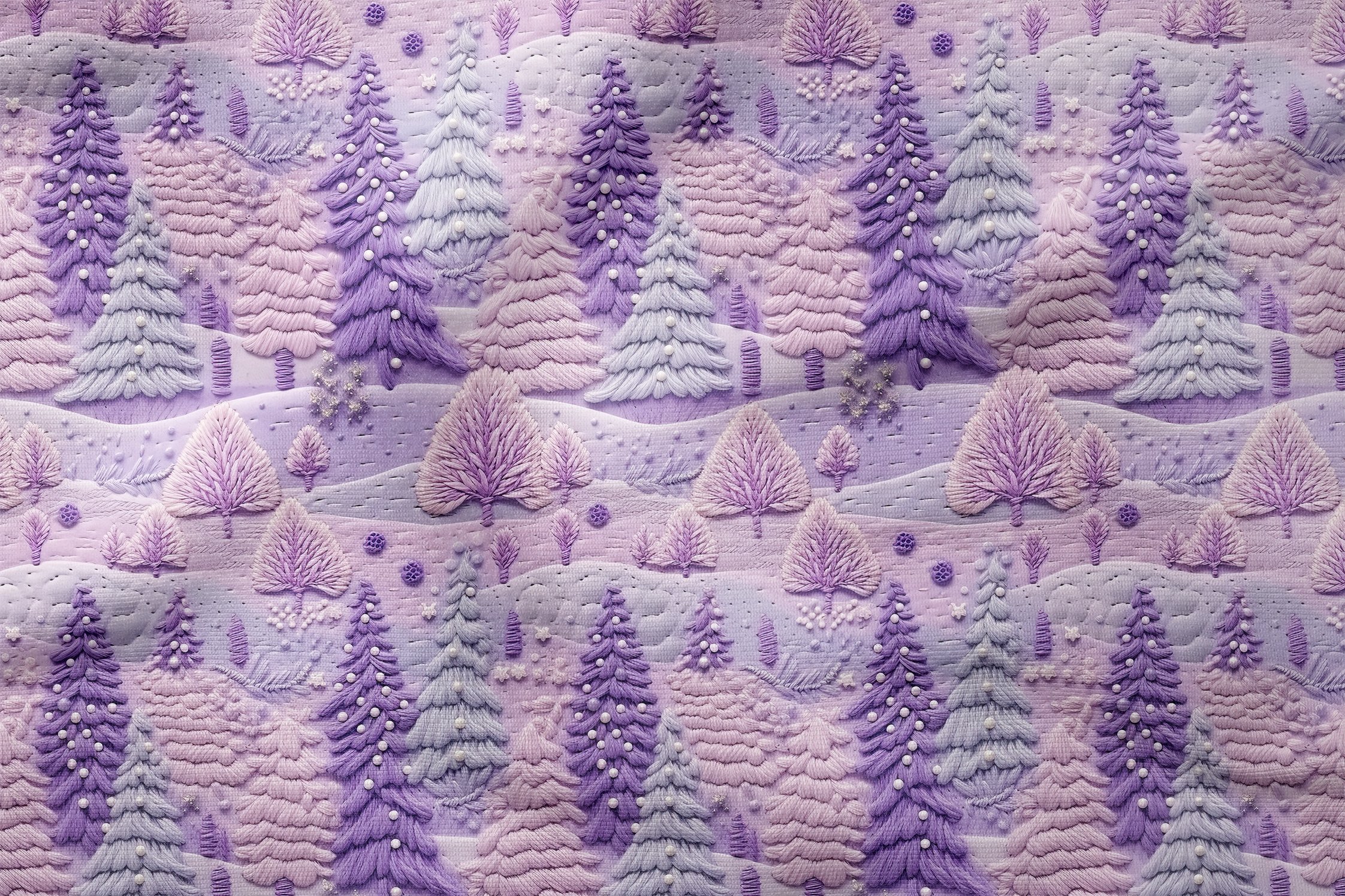 Yılbaşı Koleksiyonu- 3D Yılbaşı Nakış Efektli Mor Çam Ağaçları Çok Amaçlı Dekoratif Dijital Baskı Kumaş