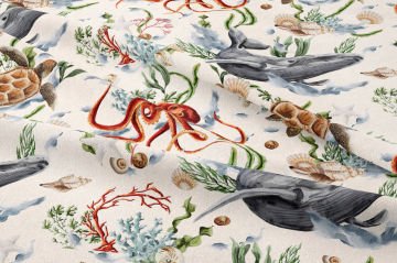 Deniz Hayvanları Desenli Ahtapot ve Balina Dekoratif Kumaş
