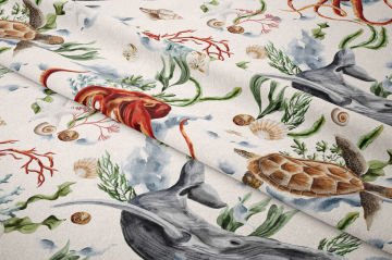 Deniz Hayvanları Desenli Ahtapot ve Balina Dekoratif Kumaş