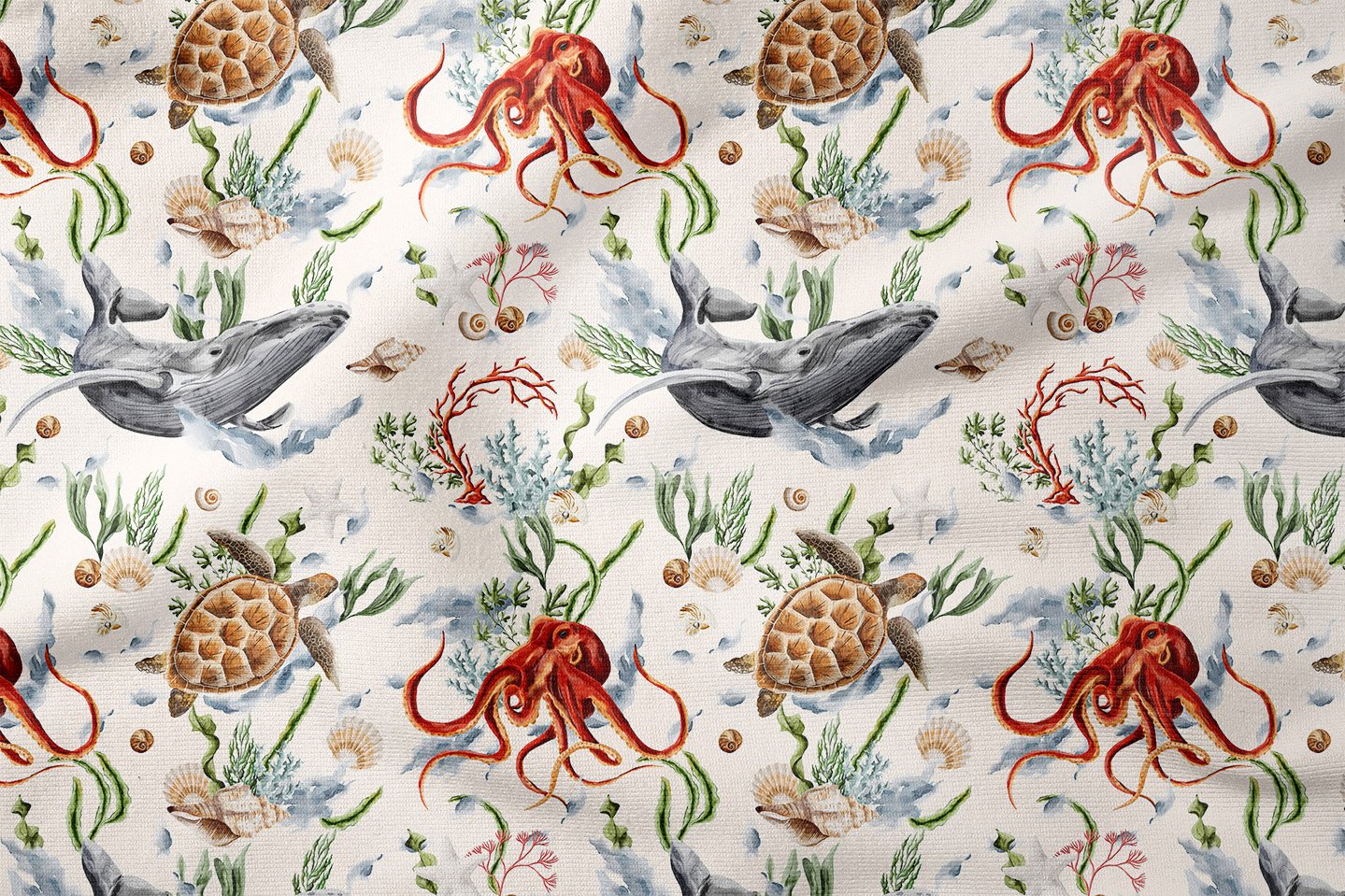 Deniz Hayvanları Desenli Ahtapot ve Balina Dekoratif Kumaş