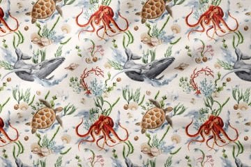 Deniz Hayvanları Desenli Ahtapot ve Balina Dekoratif Kumaş
