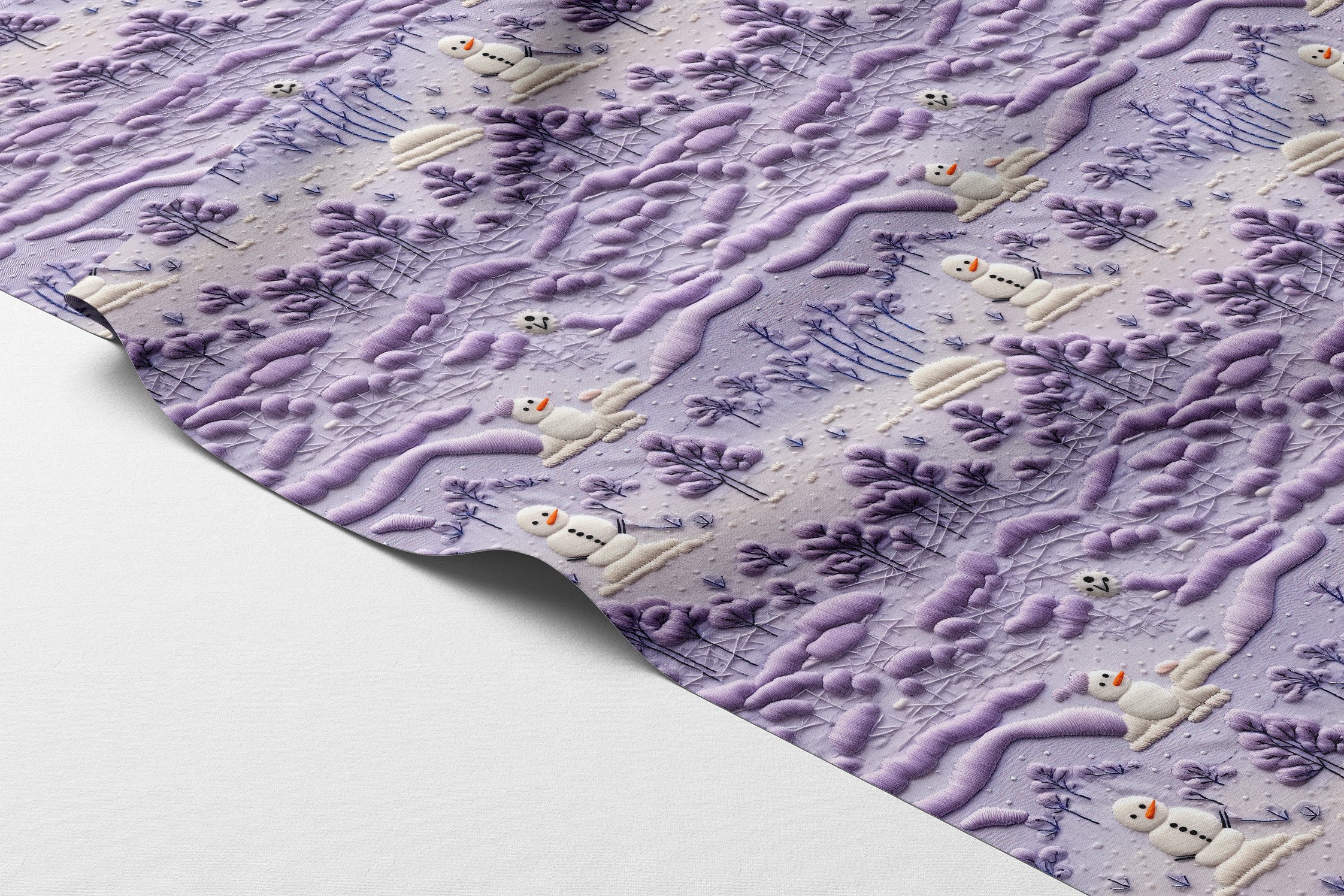 Yılbaşı Koleksiyonu- 3D Yılbaşı Nakış Efektli Mor Çam Ağaçları ve Kardan Adamlar Çok Amaçlı Dekoratif Dijital Baskı Kumaş