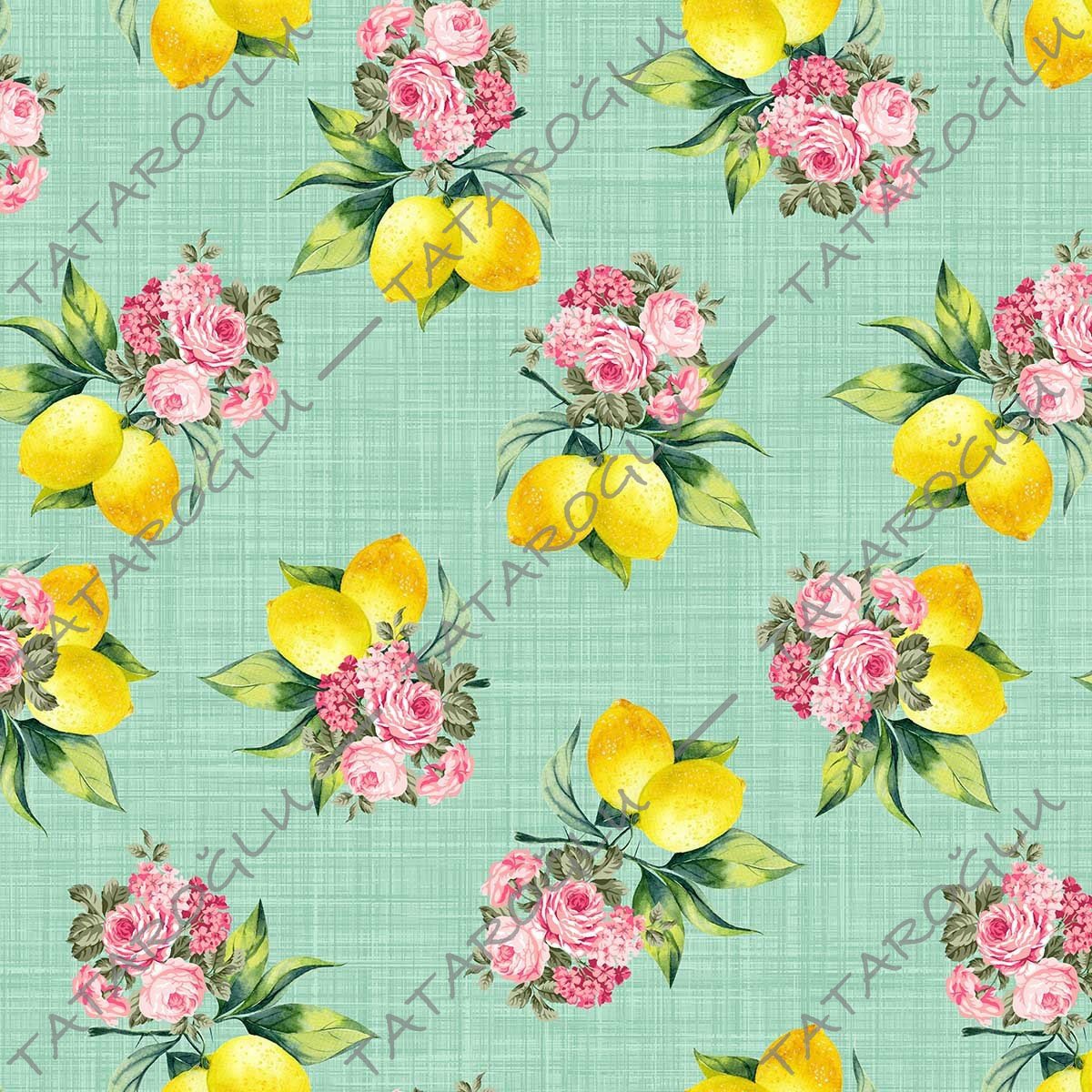 Limon Serisi- Su Yeşili Keten Efektli Zemin Üzerine Pembe Çiçekli Limon Desen
