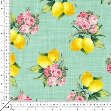 Limon Serisi- Su Yeşili Keten Efektli Zemin Üzerine Pembe Çiçekli Limon Desen