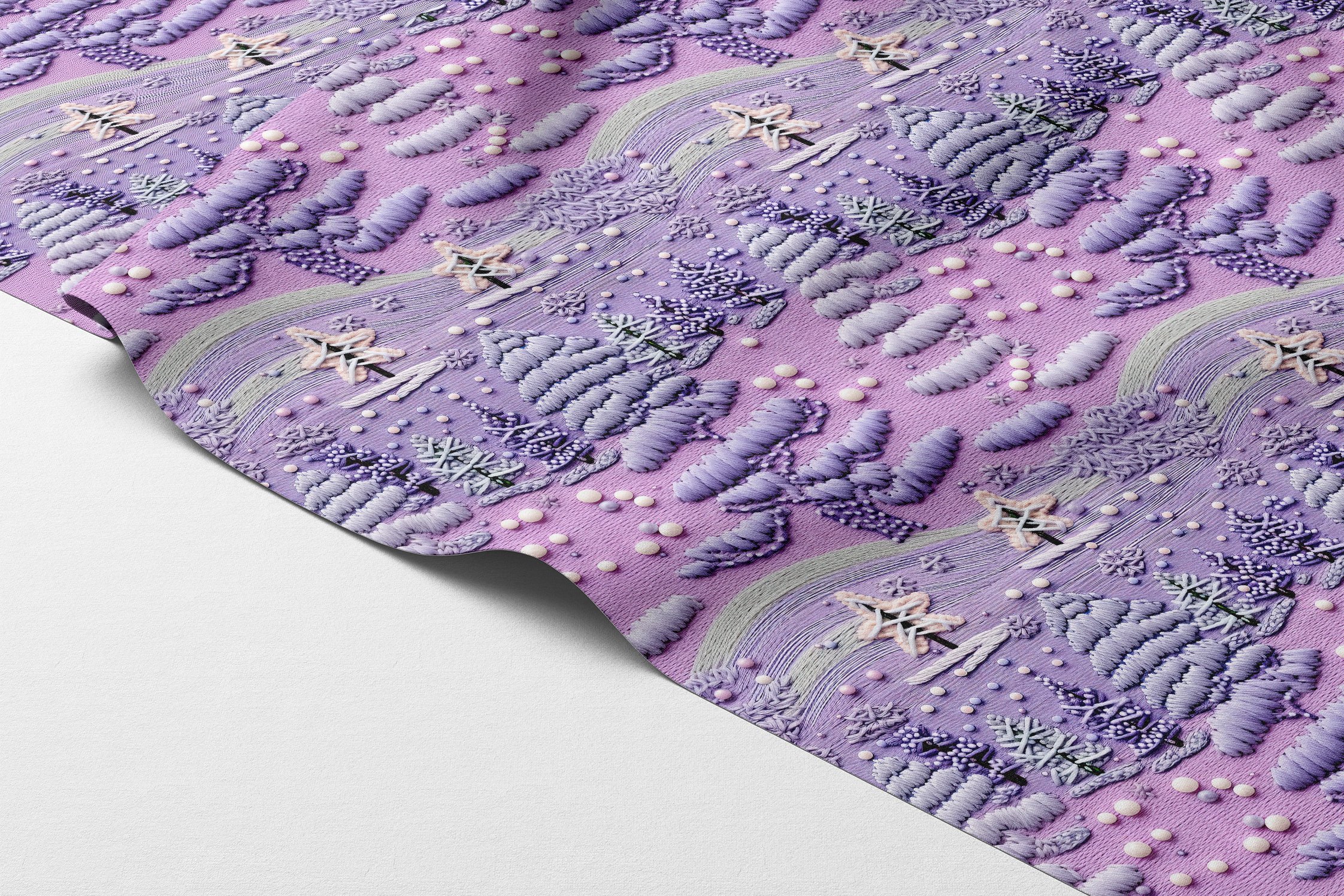 Yılbaşı Koleksiyonu- 3D Yılbaşı Nakış Efektli Mor Çam Ağaçları ve Kar Taneleri Çok Amaçlı Dekoratif Dijital Baskı Kumaş