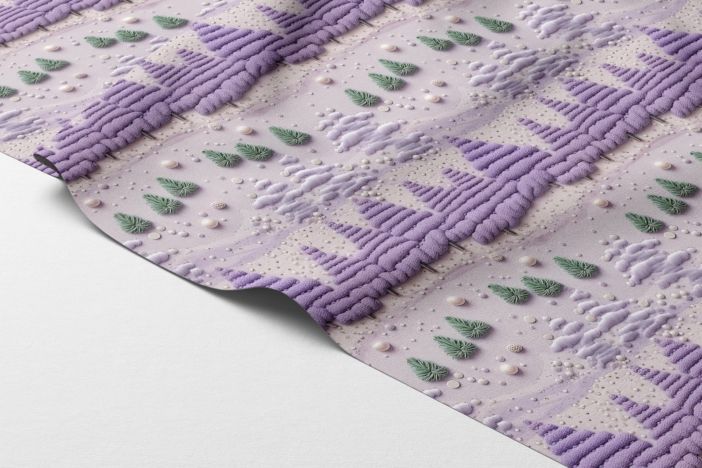 Yılbaşı Koleksiyonu- 3D Yılbaşı Nakış Efektli Mor Çam Ağaçları ve Kar Taneleri Çok Amaçlı Dekoratif Dijital Baskı Kumaş