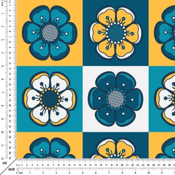Kareler İçinde Turkuaz Sarı Çiçekler
