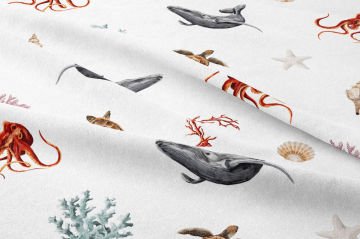 Summer Collection Seashells, Octopus, Turtle Submarine Multi-Purpose Decorative Digital Print Fabric on White Background