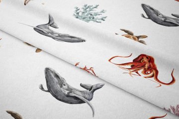 Summer Collection Seashells, Octopus, Turtle Submarine Multi-Purpose Decorative Digital Print Fabric on White Background