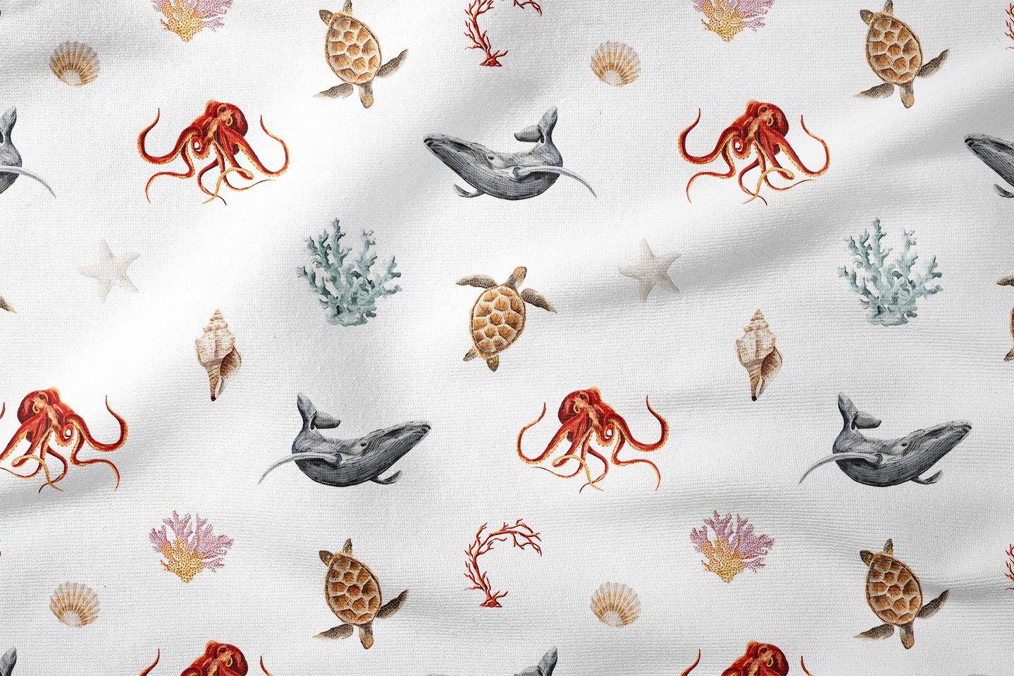 Summer Collection Seashells, Octopus, Turtle Submarine Multi-Purpose Decorative Digital Print Fabric on White Background