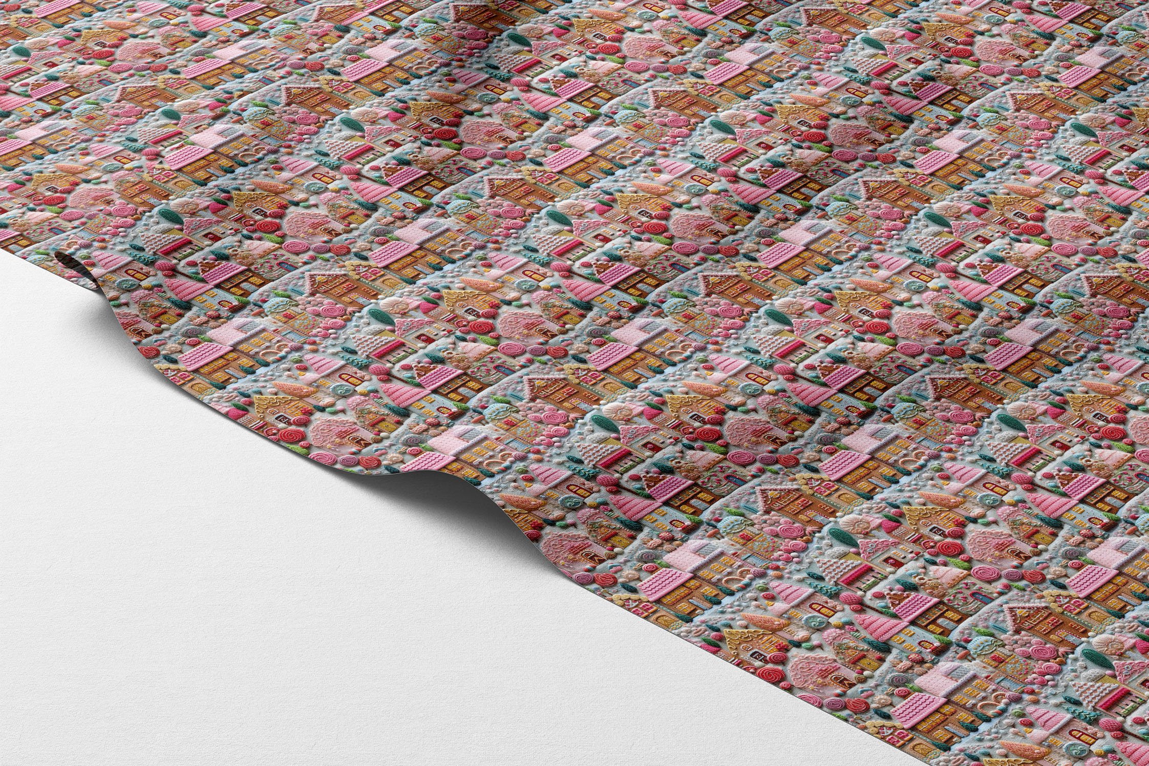 Yılbaşı Koleksiyonu- 3D Yılbaşı Şeker Köyü Kasabası Çok Amaçlı Dekoratif Dijital Baskı Kumaş