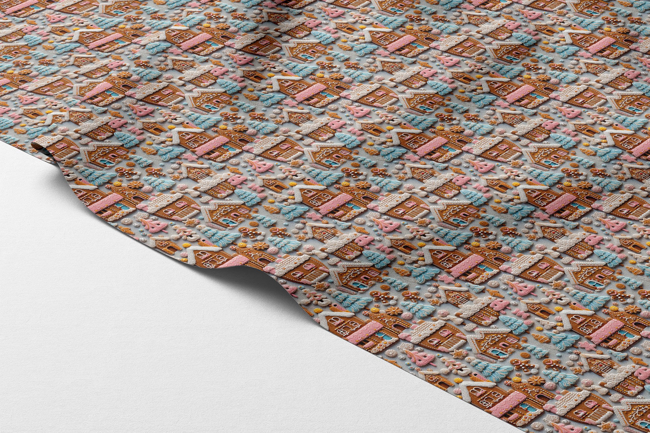 Yılbaşı Koleksiyonu- 3D Yılbaşı Kurabiye Adamlar, Çam Ağaçları ve Kurabiye Evler Çok Amaçlı Dekoratif Dijital Baskı Kumaş