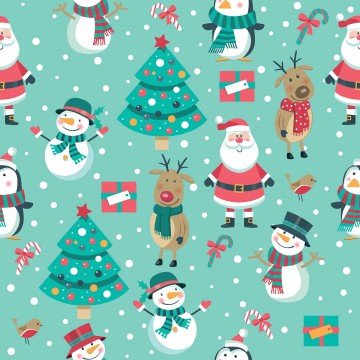 Yılbaşı Koleksiyonu- Turkuaz Zemin Üzerine Sevimli Noel Baba Geyik Çam Ağacı Desenli Dijital Baskılı Kumaş