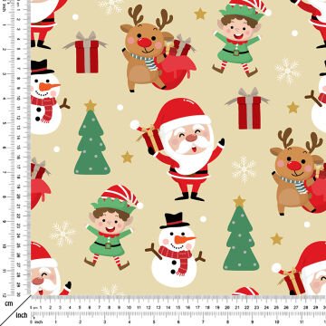 Yılbaşı Koleksiyonu- Krem Zemin Üzerine Sevimli Noel Baba Geyik Çam Ağacı Desenli Dijital Baskılı Kumaş